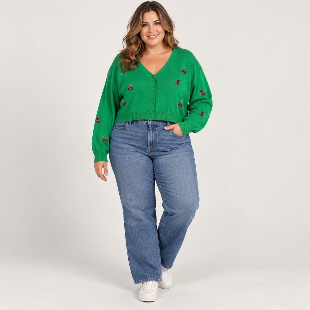 Minga London Cardigan Women 3XL Green Cherry Embroidered Cropped V-Neck Knit